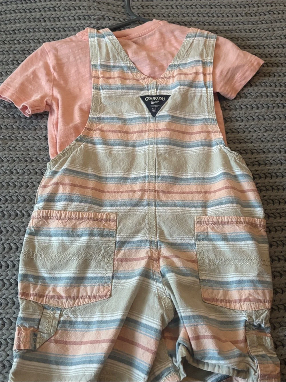 OshKosh B'gosh Peach and Blue Striped Short Overalls with peach Tshirt